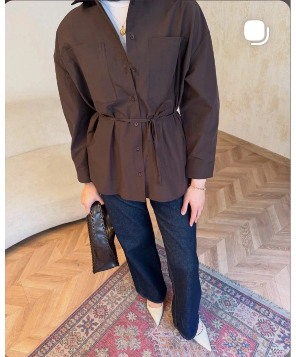 Acı Kahve Belden Bağlamalı Basic Gömlek