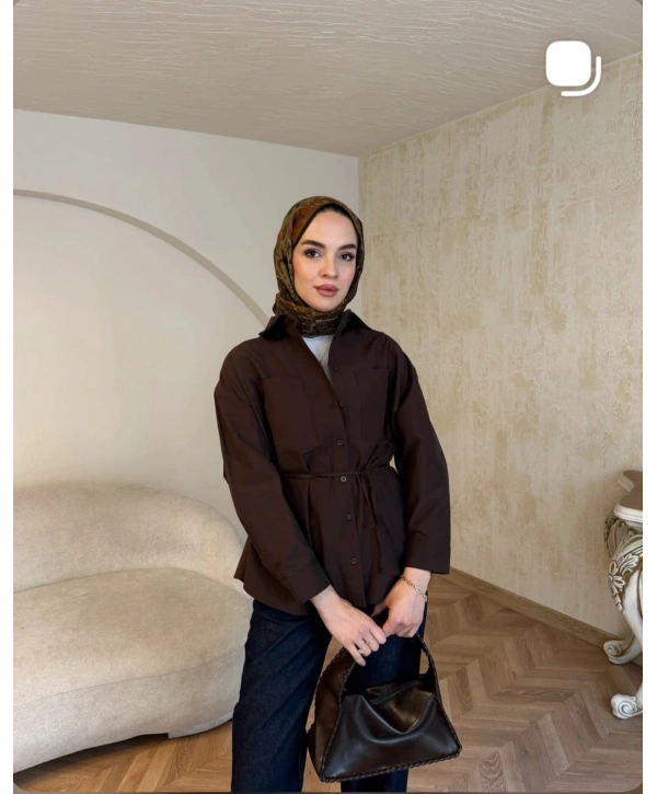 Acı Kahve Belden Bağlamalı Basic Gömlek