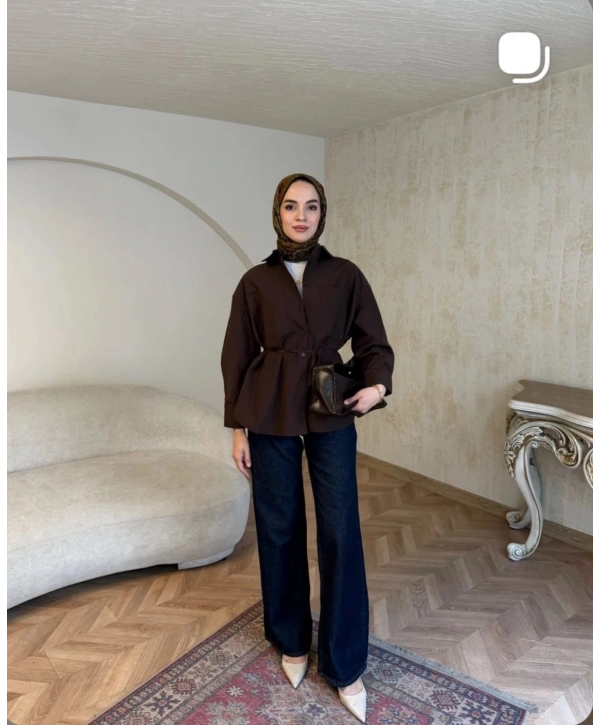 Acı Kahve Belden Bağlamalı Basic Gömlek