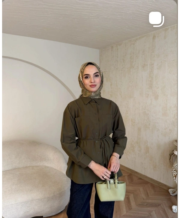 Haki Belden Bağlamalı Basic Gömlek