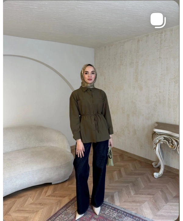 Haki Belden Bağlamalı Basic Gömlek