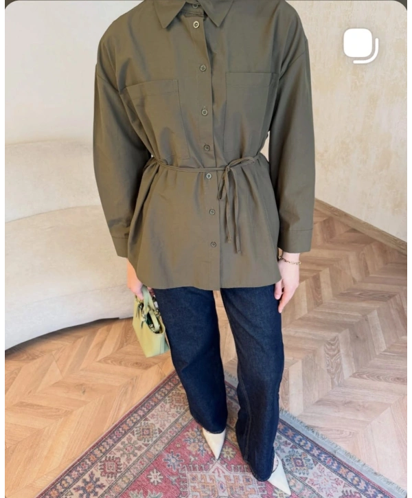 Haki Belden Bağlamalı Basic Gömlek