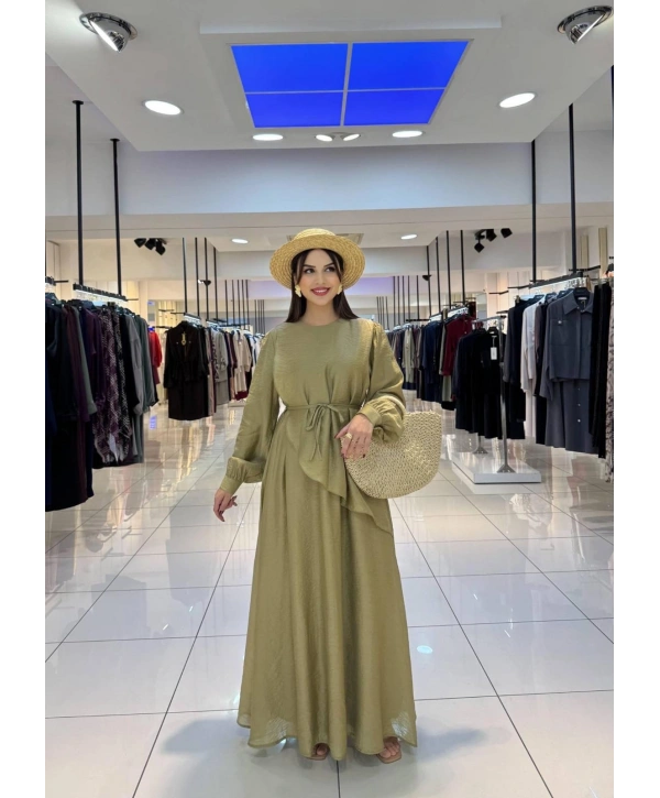 Yağ Yeşili Belden Bağlamalı Liosel Kumaş Elbise Modelimiz