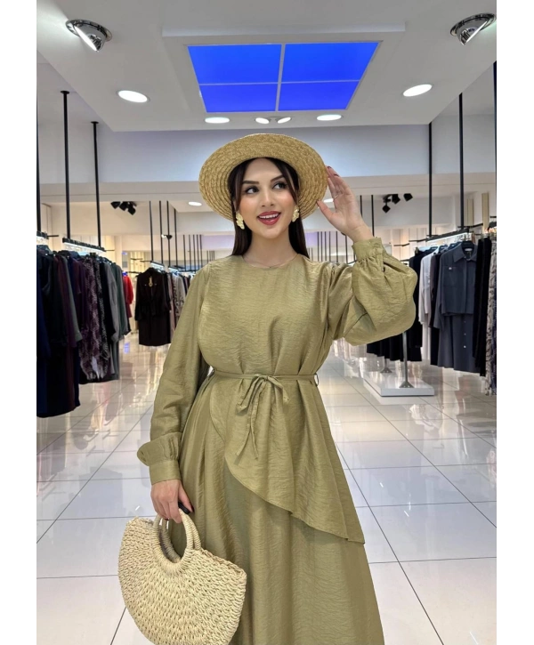Yağ Yeşili Belden Bağlamalı Liosel Kumaş Elbise Modelimiz