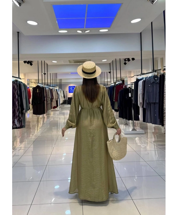 Yağ Yeşili Belden Bağlamalı Liosel Kumaş Elbise Modelimiz