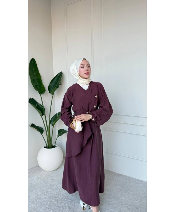 Mürdüm Tensel Kumaş Sırtı Ve Kolları Fırfırlı Kemerli Elbise Modelimiz