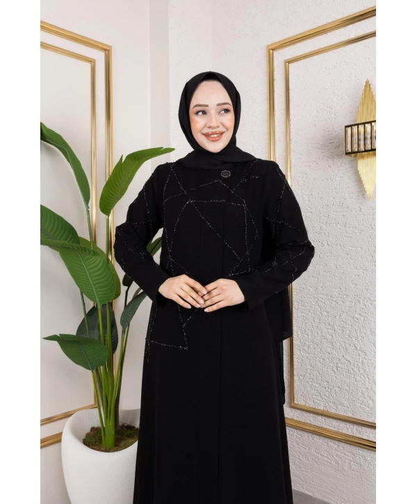 Siyah Petek Krep Kumaş Taş Detaylı Fermuarlı Ferace Modelimiz