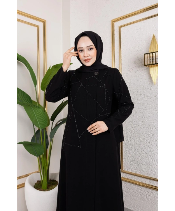 Siyah Petek Krep Kumaş Taş Detaylı Fermuarlı Ferace Modelimiz