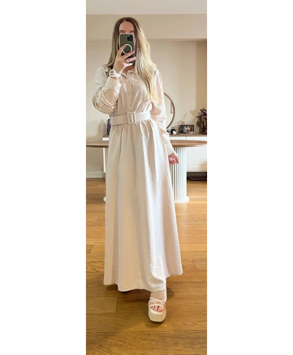 Bej Modal Kumaş Beli Lastikli Kemerli Elbise Modelimiz