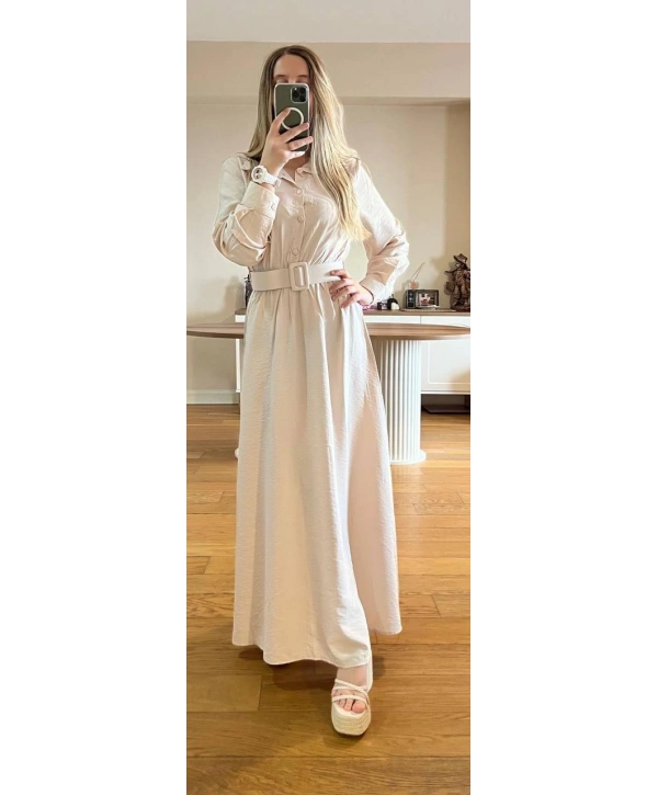 Bej Modal Kumaş Beli Lastikli Kemerli Elbise Modelimiz