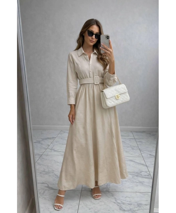 Bej Modal Kumaş Beli Lastikli Kemerli Elbise Modelimiz
