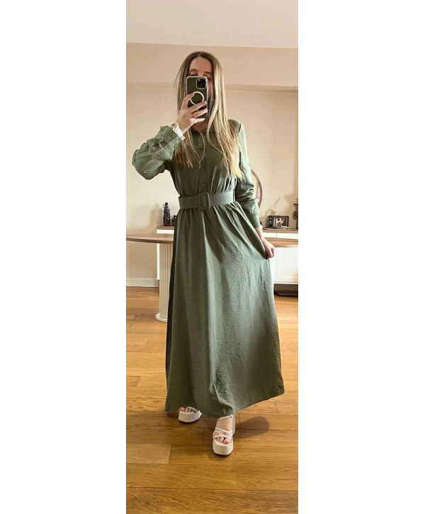 Yeşil Modal Kumaş Beli Lastikli Kemerli Elbise Modelimiz
