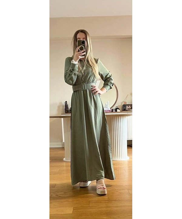 Yeşil Modal Kumaş Beli Lastikli Kemerli Elbise Modelimiz