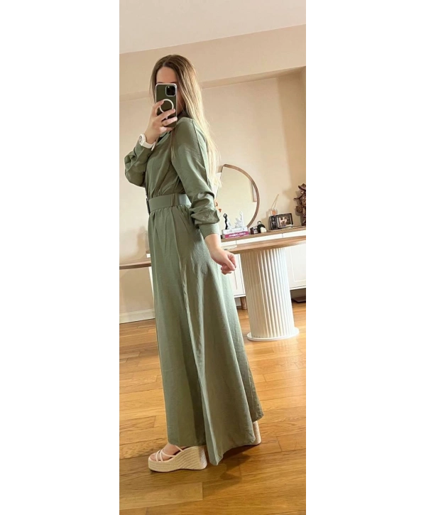 Yeşil Modal Kumaş Beli Lastikli Kemerli Elbise Modelimiz