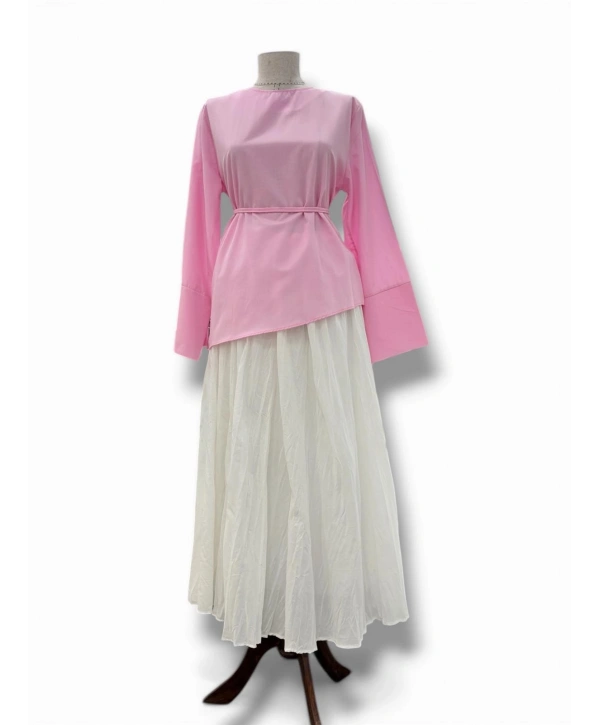 Pembe Poplin Kumaş Belden Bağlamalı Gömlek Modelimiz