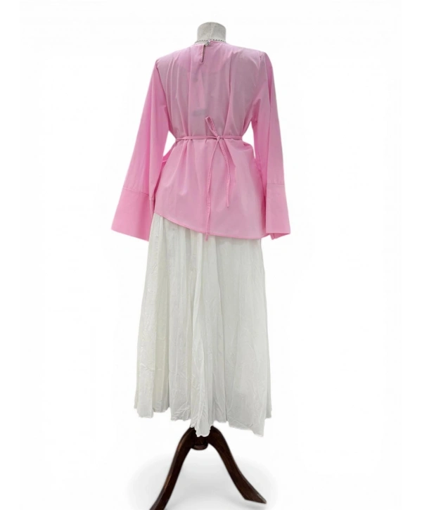 Pembe Poplin Kumaş Belden Bağlamalı Gömlek Modelimiz