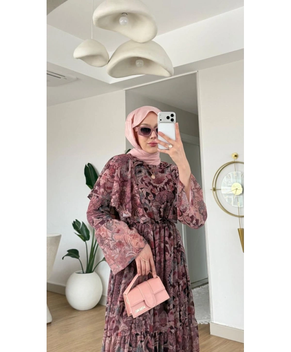 Bordo Şifon Kumaş Beli Lastikli Çiçek Desenli Elbise Modelimiz