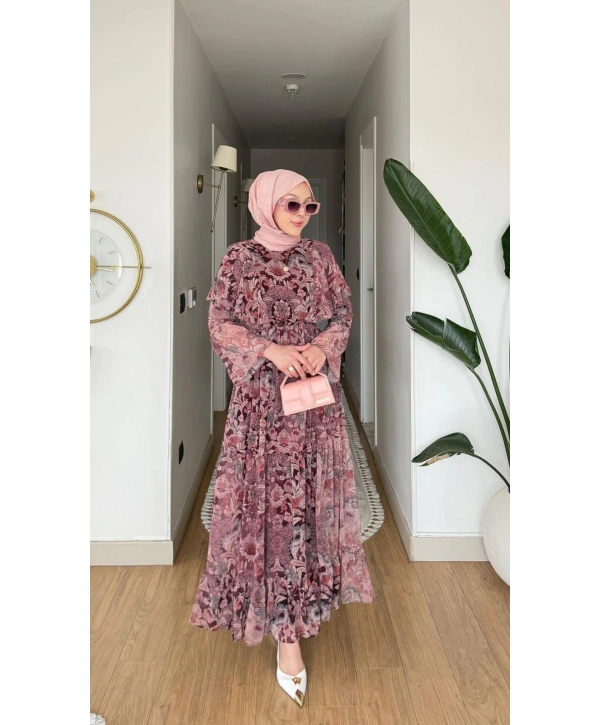 Bordo Şifon Kumaş Beli Lastikli Çiçek Desenli Elbise Modelimiz