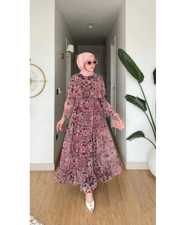 Bordo Şifon Kumaş Beli Lastikli Çiçek Desenli Elbise Modelimiz