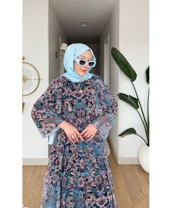 Lacivert Şifon Kumaş Beli Lastikli Çiçek Desenli Elbise Modelimiz