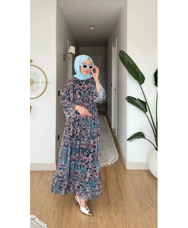 Lacivert Şifon Kumaş Beli Lastikli Çiçek Desenli Elbise Modelimiz
