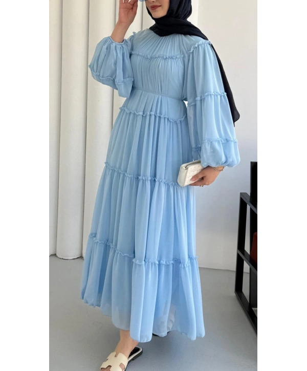 Bebe Mavi Şifon Kumaş İçi Astarlı Belden Bağlamalı Yazlık Elbise Modelimiz