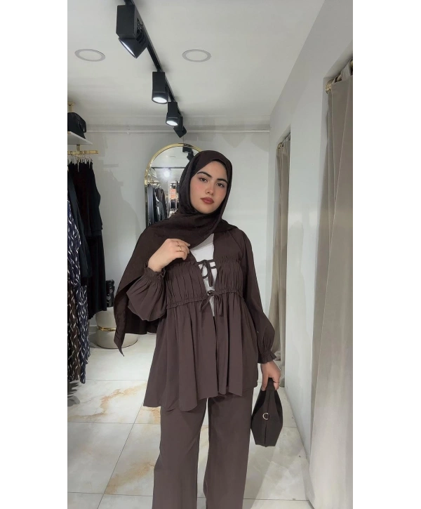Kahve Rengi Modal Kumaş Pantolonlu Takım Modelimiz