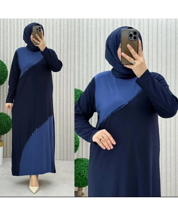 Lacivert Sendi Kumaş Taş Detaylı Elbise Modelimiz
