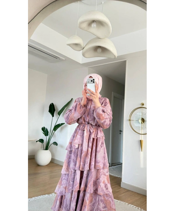 Pembe Şifon Kumaş Desenli Kat Kat Elbise Modelimiz