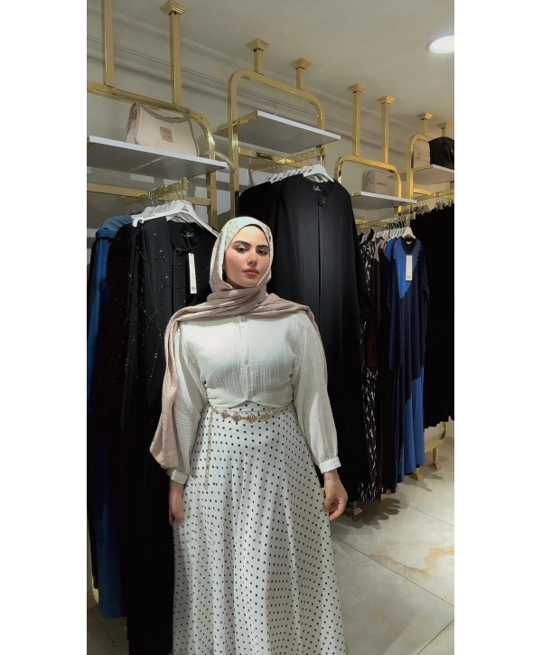 Beyaz Şifon Kumaş Astarlı Puantiyeli Etek Modelimiz