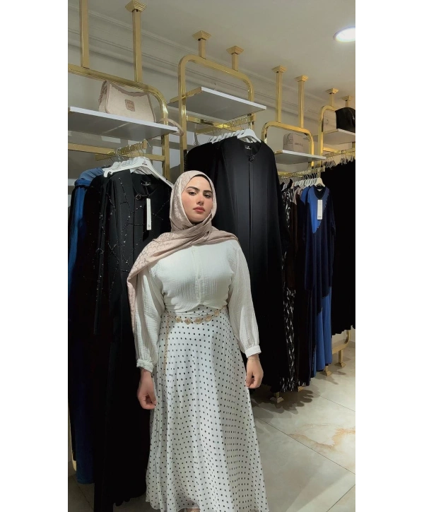 Beyaz Şifon Kumaş Astarlı Puantiyeli Etek Modelimiz