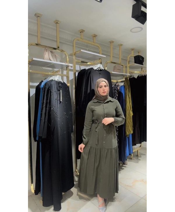 Yeşil Cupra Modal Kumaş Düğmeli Elbise Modelimiz