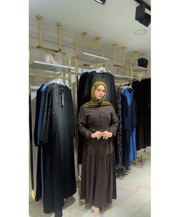 Kahve Rengi Cupra Modal Kumaş Düğmeli Elbise Modelimiz