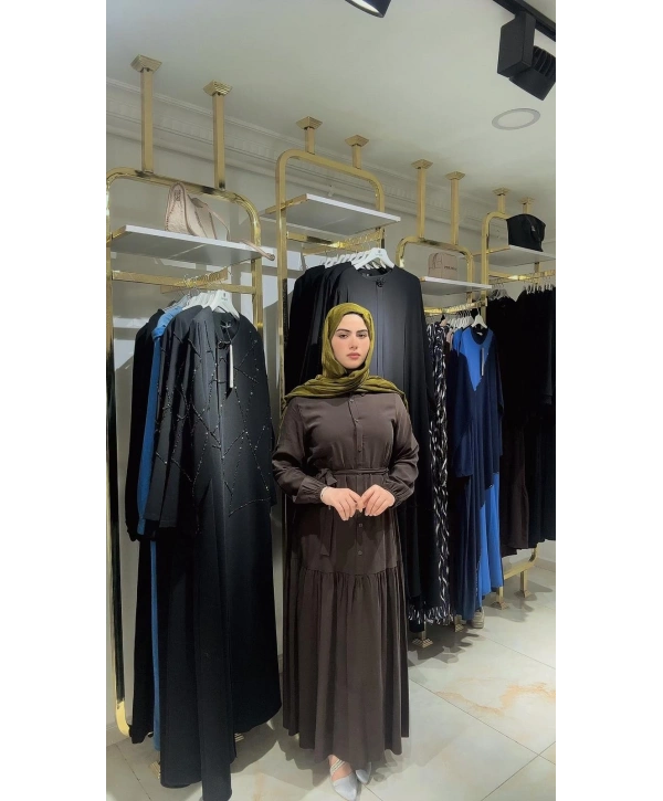 Kahve Rengi Cupra Modal Kumaş Düğmeli Elbise Modelimiz