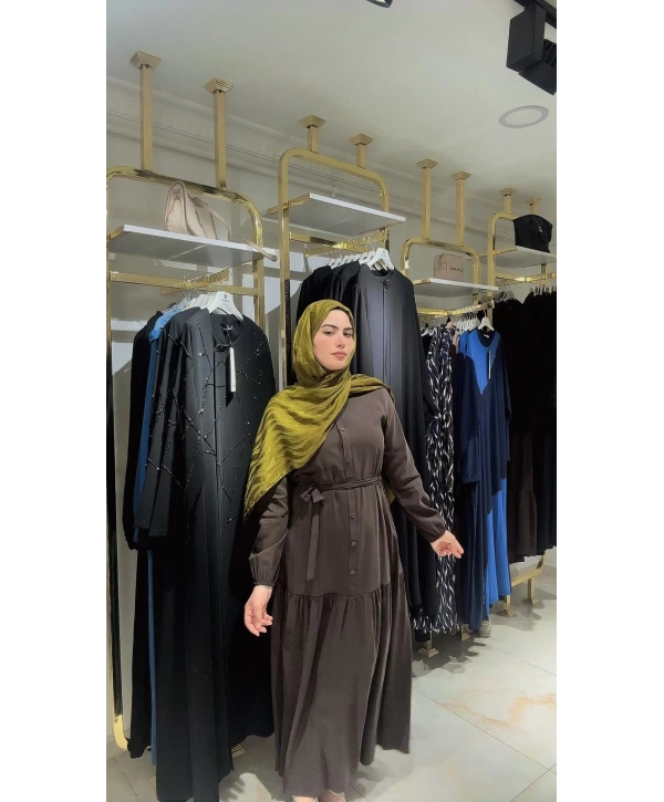 Kahve Rengi Cupra Modal Kumaş Düğmeli Elbise Modelimiz