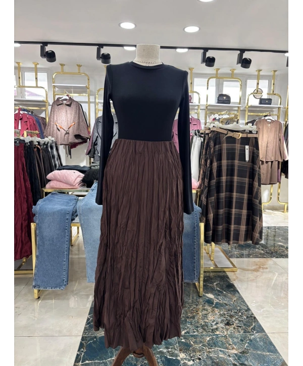 Acı Kahve Beli Lastikli Kırışık Elbise Modelimiz