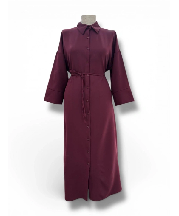 Bordo Double Kumaş Önü Düğmeli Elbise Modelimiz
