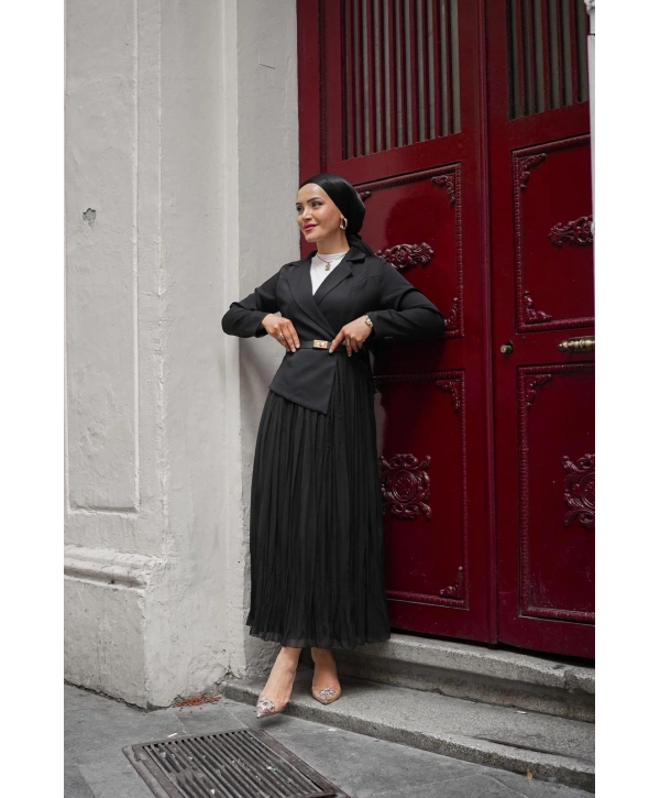 siyah double şifon elbise