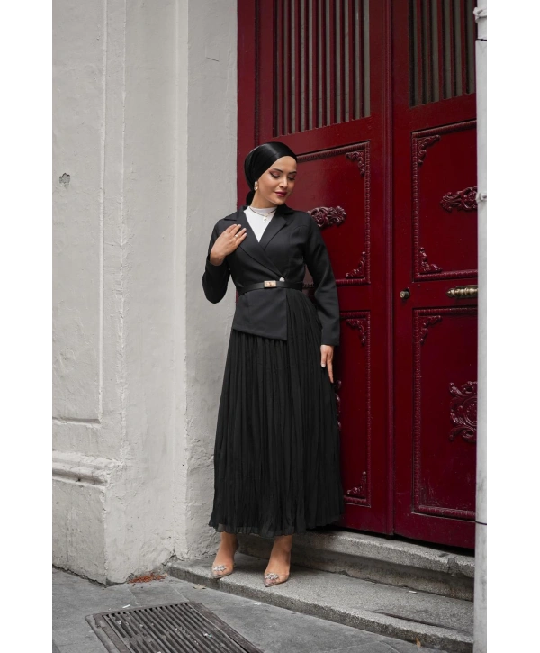 siyah double şifon elbise