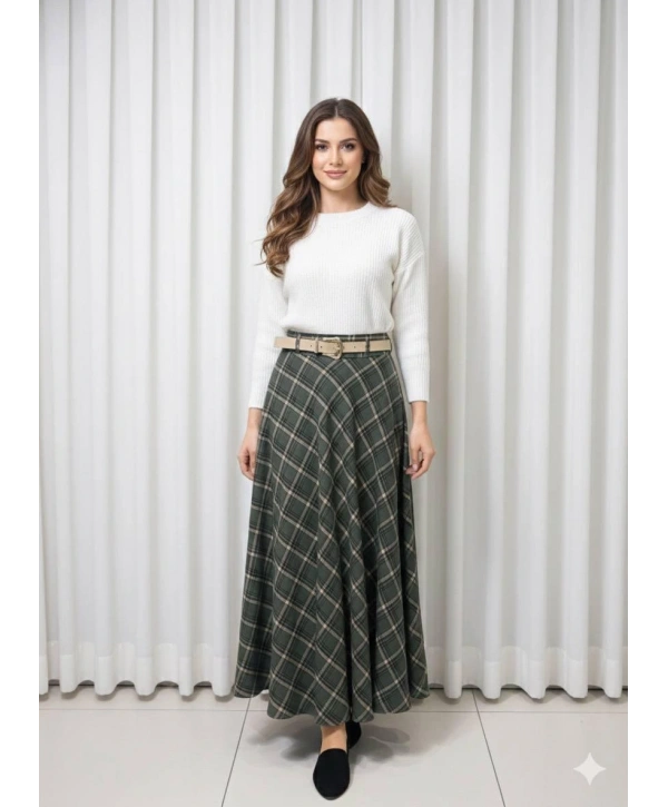 Haki Ekose Desenli Kumaş Kemerli Etek Modelimiz