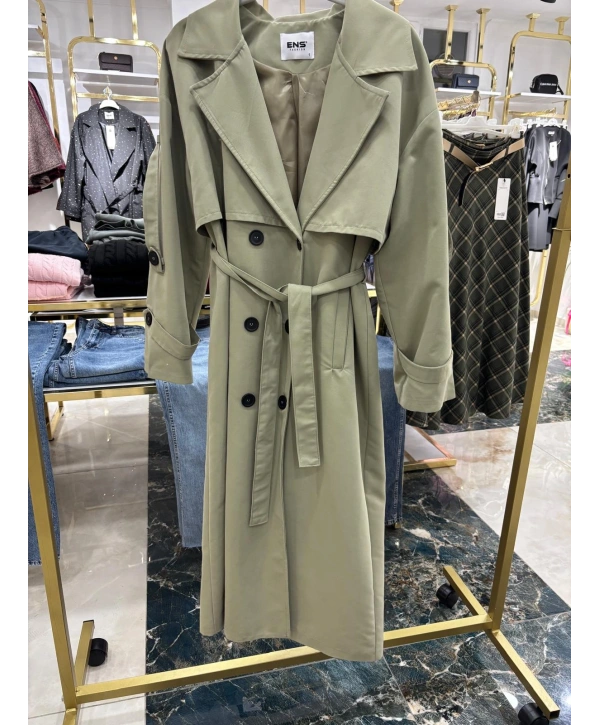 Haki Kuşaklı Trençkot: Klasik Yaka Tesettür Dış Giyim