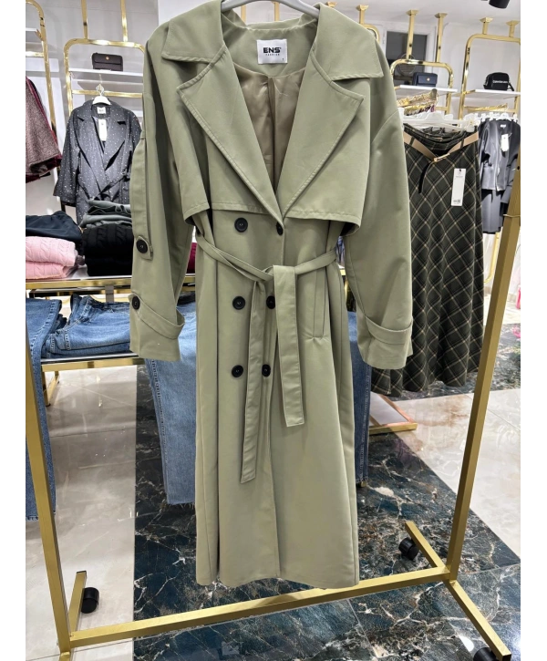 Haki Kuşaklı Trençkot: Klasik Yaka Tesettür Dış Giyim