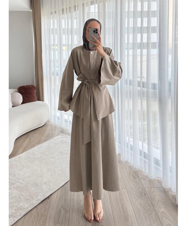 Kadın Bej Kuşaklı Tesettür Elbise