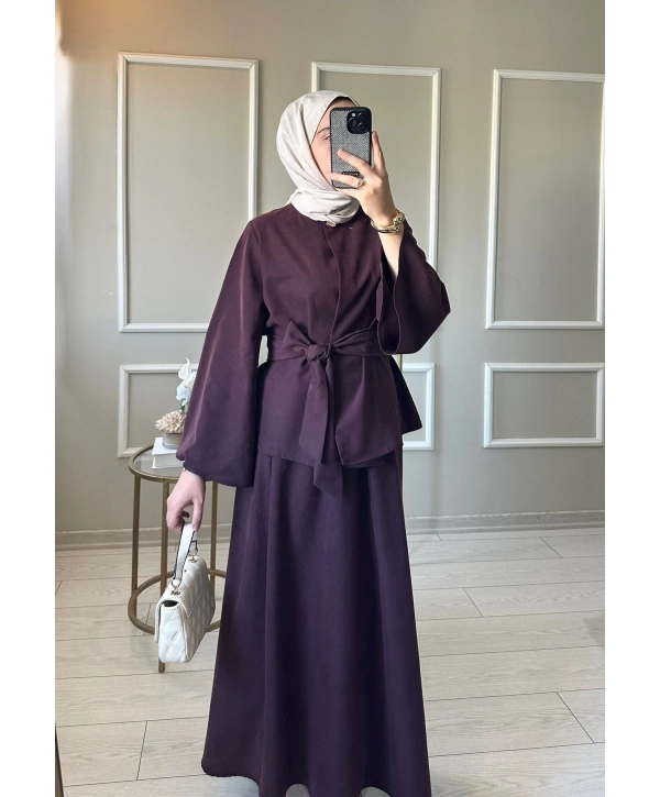 Kadın Mürdüm Kuşaklı Tesettür Elbise