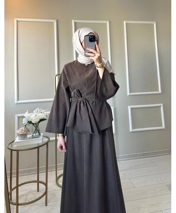 Kadın Kahverengi Kuşaklı Tesettür Elbise
