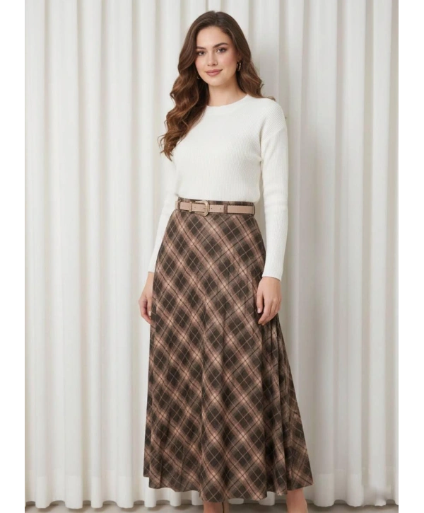 Kahve Rengi Ekose Desenli Kumaş Kemerli Etek Modelimiz