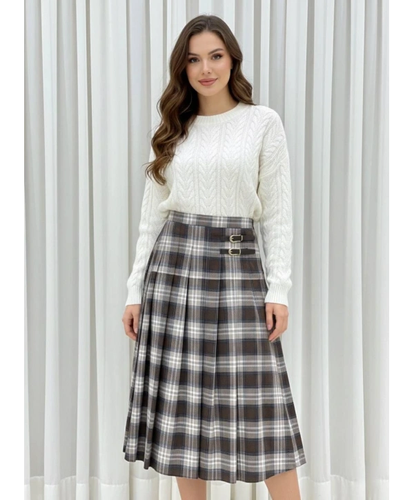 Kahve Rengi Ekose Desenli Lastikli Eteğimiz