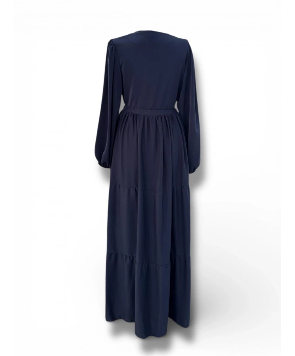 Lacivert Belden Bağlamalı İnce Saten Kumaş Elbise Modelimiz