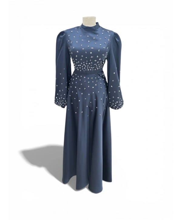 Lacivert Saten Taşlı Abiyemiz