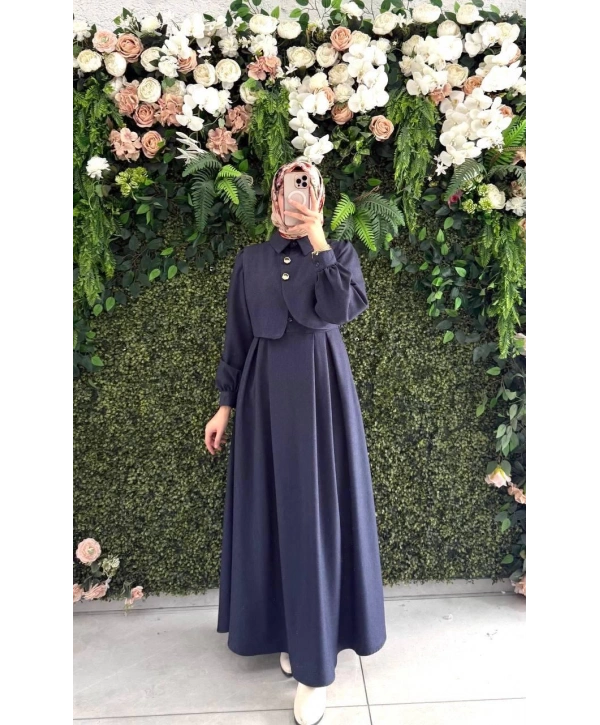 Lacivert yuniceft kumaş elbisemiz